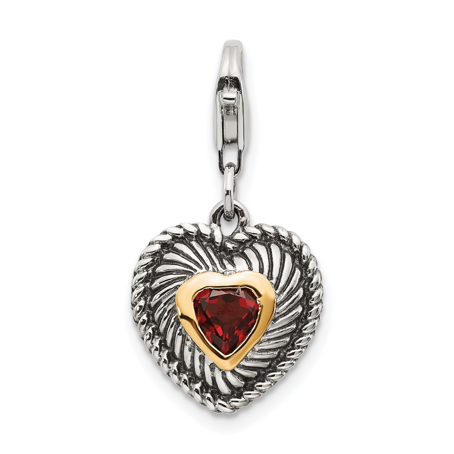 14K/Silver Two Tone Shey Couture Sterling Silver With 14K Accent Antiqued Heart Shaped Garnet Lobster Clasp Charm