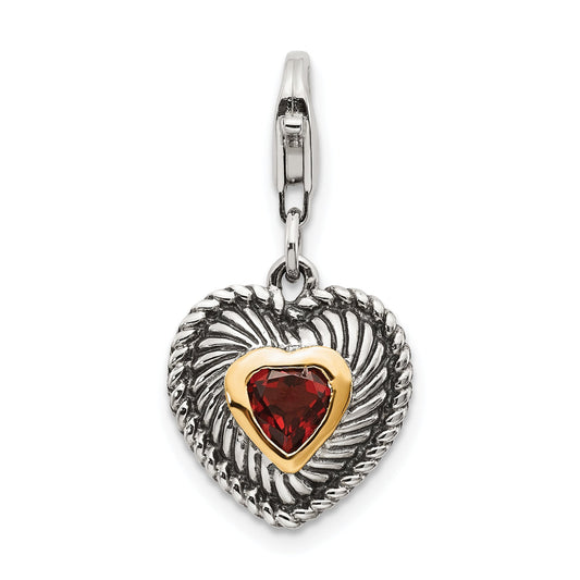 14K/Silver Two Tone Shey Couture Sterling Silver With 14K Accent Antiqued Heart Shaped Garnet Lobster Clasp Charm