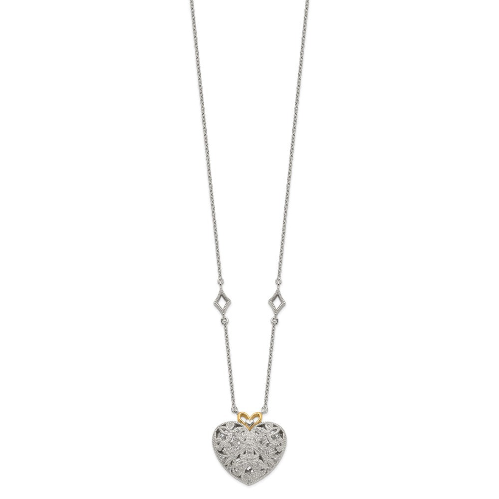 14K/Silver Two Tone Shey Couture Sterling Silver Rhodium Plated With 14K Accent 18 Inch Diamond Vintage Heart Necklace