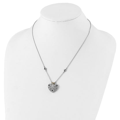 14K/Silver Two Tone Shey Couture Sterling Silver Rhodium Plated With 14K Accent 18 Inch Diamond Vintage Heart Necklace