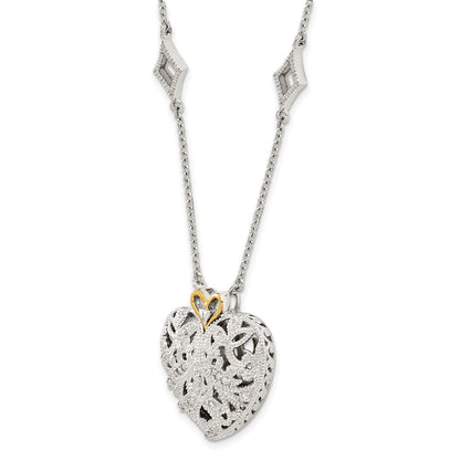 14K/Silver Two Tone Shey Couture Sterling Silver Rhodium Plated With 14K Accent 18 Inch Diamond Vintage Heart Necklace