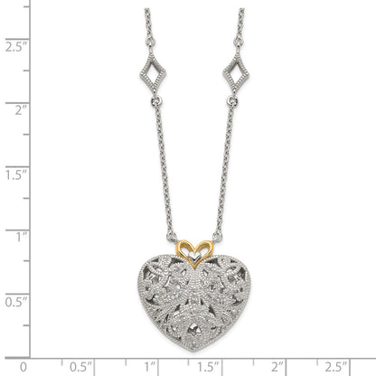 14K/Silver Two Tone Shey Couture Sterling Silver Rhodium Plated With 14K Accent 18 Inch Diamond Vintage Heart Necklace