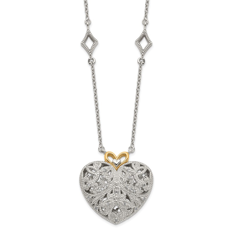 14K/Silver Two Tone Shey Couture Sterling Silver Rhodium Plated With 14K Accent 18 Inch Diamond Vintage Heart Necklace