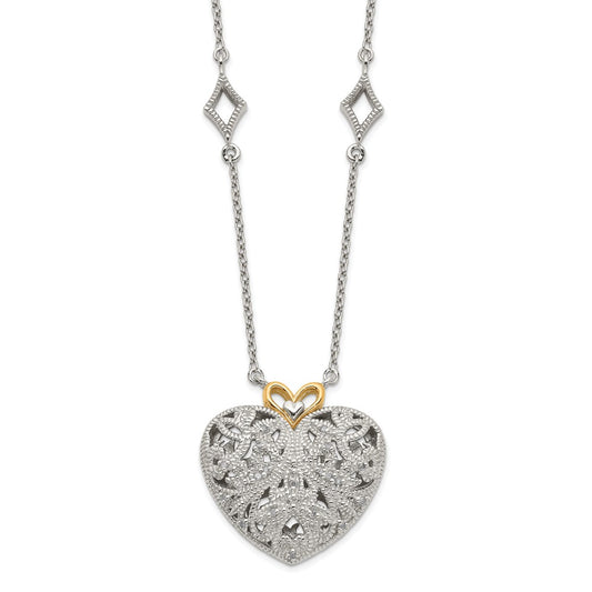 14K/Silver Two Tone Shey Couture Sterling Silver Rhodium Plated With 14K Accent 18 Inch Diamond Vintage Heart Necklace