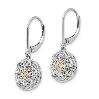 14K/Silver Two Tone Shey Couture Sterling Silver Rhodium Plated With 14K Accent Diamond Leverback Dangle Vintage Earrings