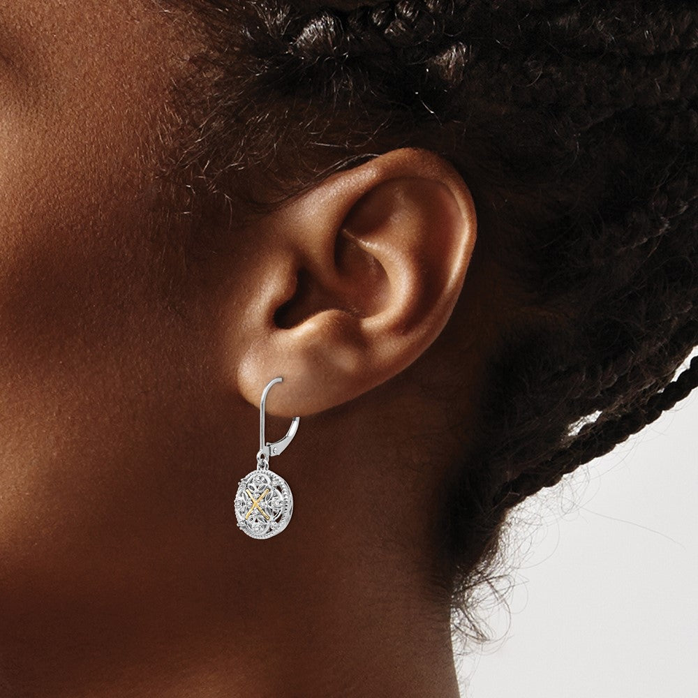 14K/Silver Two Tone Shey Couture Sterling Silver Rhodium Plated With 14K Accent Diamond Leverback Dangle Vintage Earrings