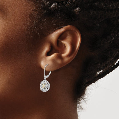 14K/Silver Two Tone Shey Couture Sterling Silver Rhodium Plated With 14K Accent Diamond Leverback Dangle Vintage Earrings