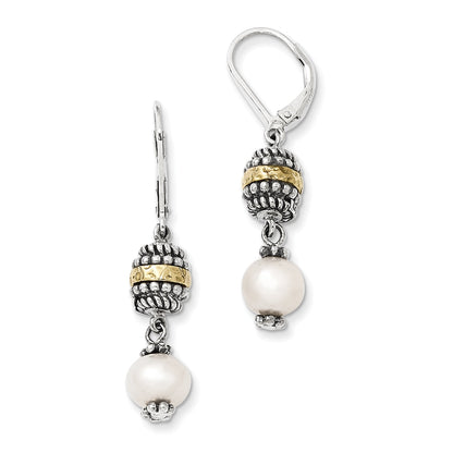 14K/Silver Two Tone Sterling Silver 14K 8mm Fw Cultured Pearl Earrings