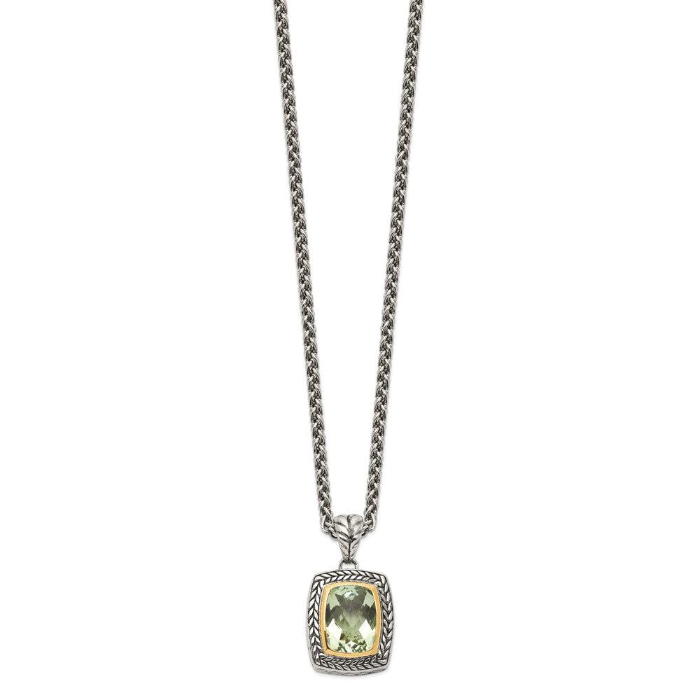 14K/Silver Two Tone Shey Couture Sterling Silver With 14K Accent 18 Inch Antiqued Cushion Bezel Green Quartz Necklace