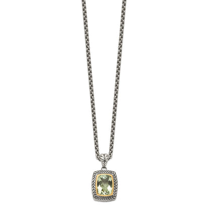 14K/Silver Two Tone Shey Couture Sterling Silver With 14K Accent 18 Inch Antiqued Cushion Bezel Green Quartz Necklace