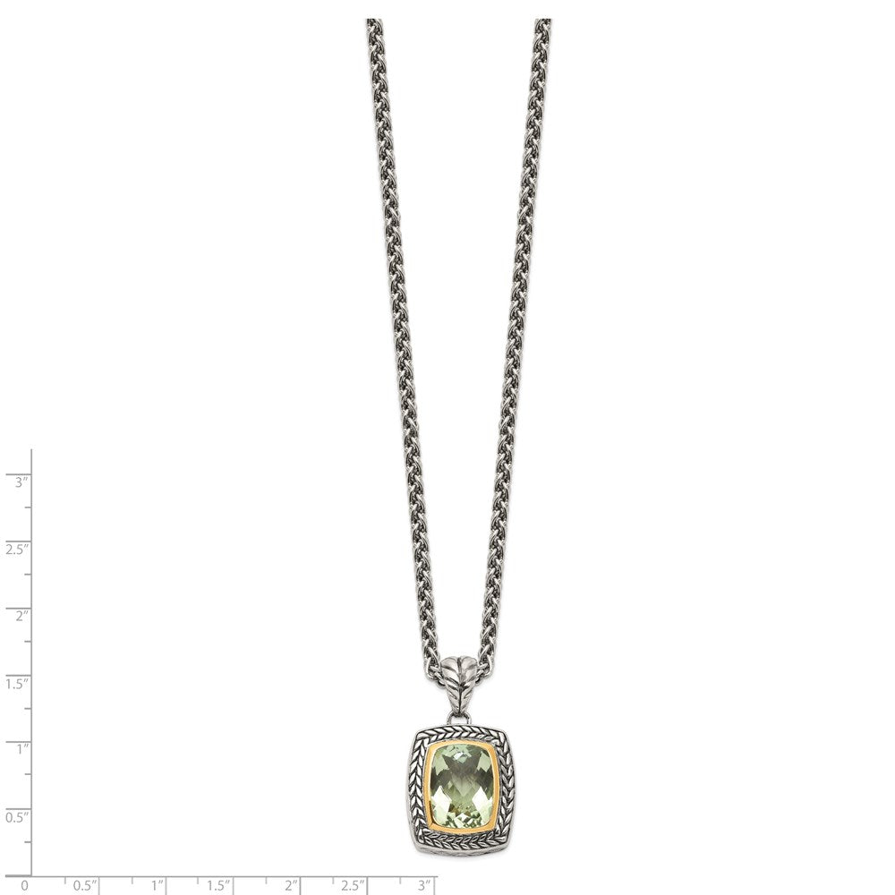 14K/Silver Two Tone Shey Couture Sterling Silver With 14K Accent 18 Inch Antiqued Cushion Bezel Green Quartz Necklace