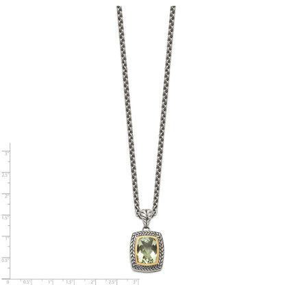 14K/Silver Two Tone Shey Couture Sterling Silver With 14K Accent 18 Inch Antiqued Cushion Bezel Green Quartz Necklace