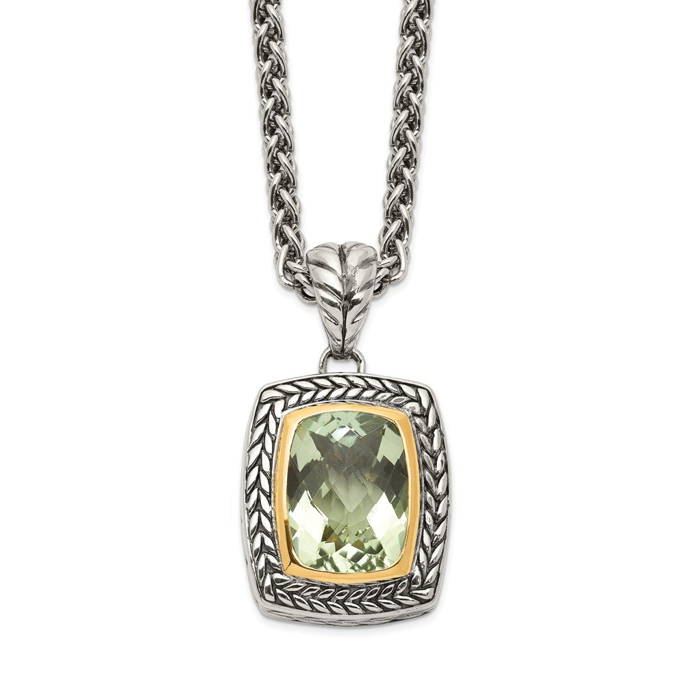 14K/Silver Two Tone Shey Couture Sterling Silver With 14K Accent 18 Inch Antiqued Cushion Bezel Green Quartz Necklace