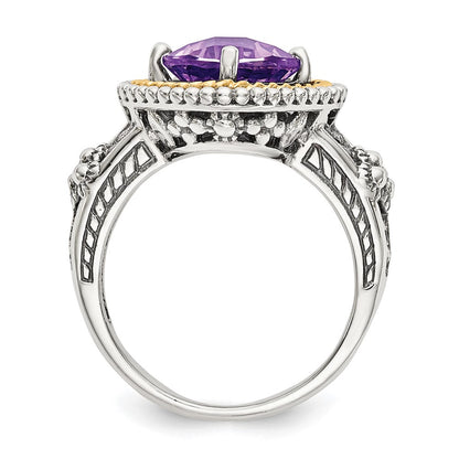 14K/Silver Two Tone Shey Couture Sterling Silver With 14K Accent Antiqued Checkerboard Cut Cushon Amethyst Ring