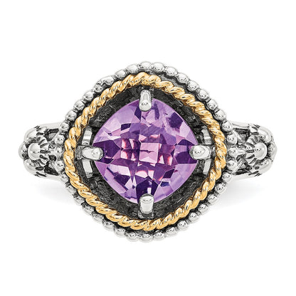 14K/Silver Two Tone Shey Couture Sterling Silver With 14K Accent Antiqued Checkerboard Cut Cushon Amethyst Ring