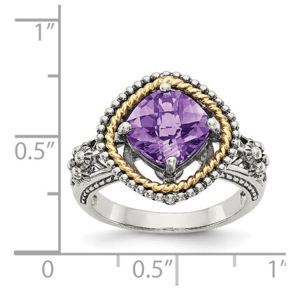 14K/Silver Two Tone Shey Couture Sterling Silver With 14K Accent Antiqued Checkerboard Cut Cushon Amethyst Ring