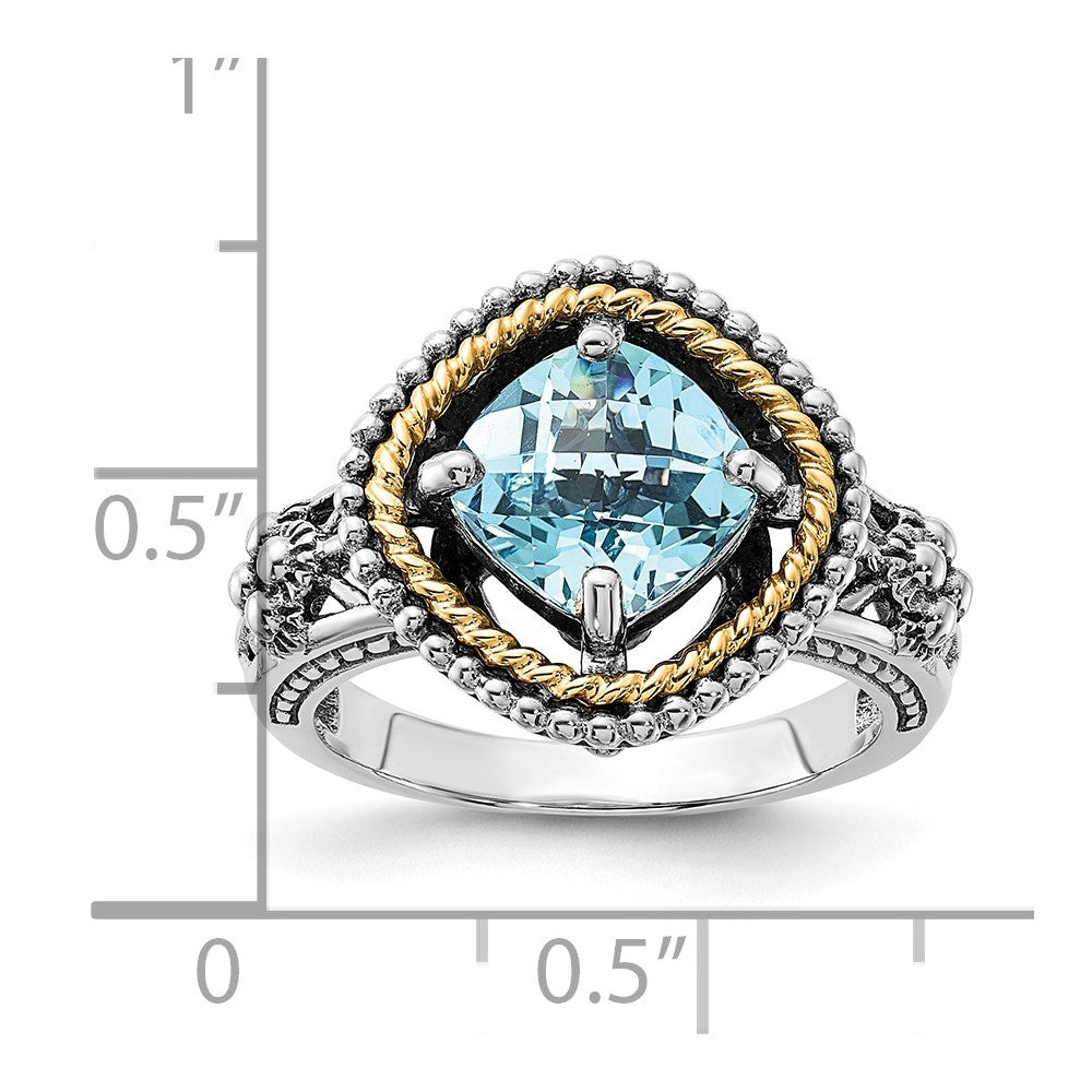 14K/Silver Two Tone Sterling Silver 14K Accent Polished & Antiqued Swiss Blue Topaz Ring (Size 6 Only)