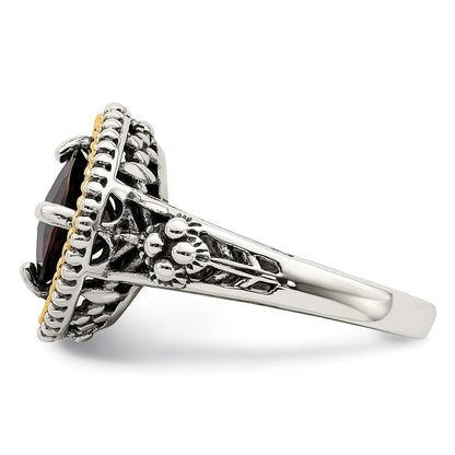 14K/Silver Two Tone Shey Couture Sterling Silver With 14K Accent Antiqued Checkerboard Cushion Garnet Ring