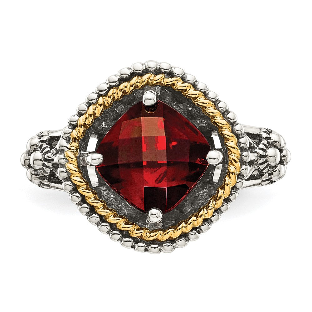 14K/Silver Two Tone Shey Couture Sterling Silver With 14K Accent Antiqued Checkerboard Cushion Garnet Ring