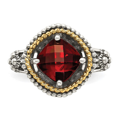 14K/Silver Two Tone Shey Couture Sterling Silver With 14K Accent Antiqued Checkerboard Cushion Garnet Ring