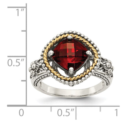 14K/Silver Two Tone Shey Couture Sterling Silver With 14K Accent Antiqued Checkerboard Cushion Garnet Ring