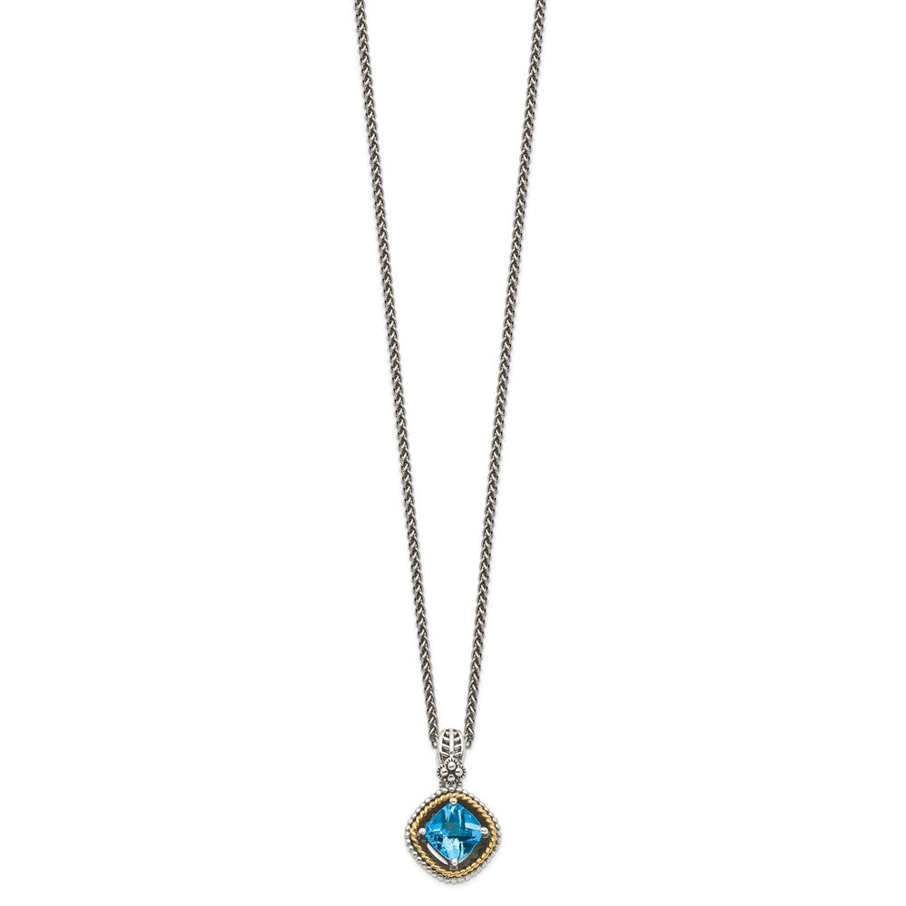 14K/Silver Two Tone Shey Couture Sterling Silver With 14K Accent 18 Inch Antiqued Cushion Swiss Blue Topaz Necklace