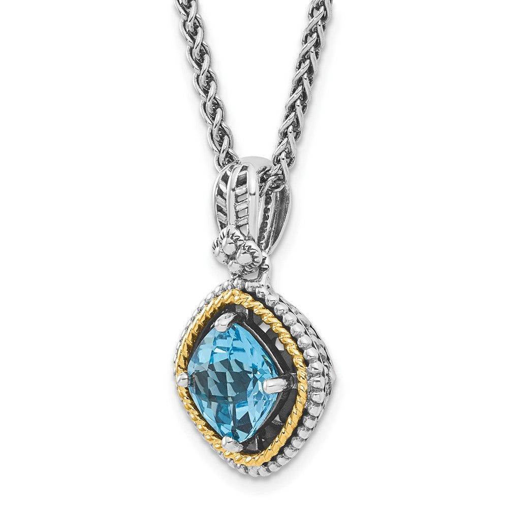 14K/Silver Two Tone Shey Couture Sterling Silver With 14K Accent 18 Inch Antiqued Cushion Swiss Blue Topaz Necklace