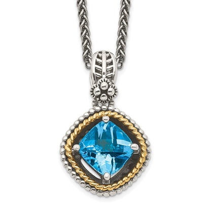 14K/Silver Two Tone Shey Couture Sterling Silver With 14K Accent 18 Inch Antiqued Cushion Swiss Blue Topaz Necklace
