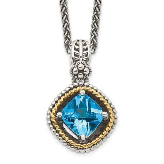 14K/Silver Two Tone Shey Couture Sterling Silver With 14K Accent 18 Inch Antiqued Cushion Swiss Blue Topaz Necklace