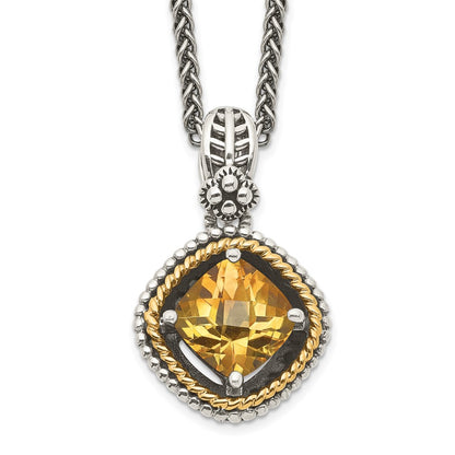 14K/Silver Two Tone Shey Couture Sterling Silver With 14K Accent 18 Inch Antiqued Cushion Citrine Necklace