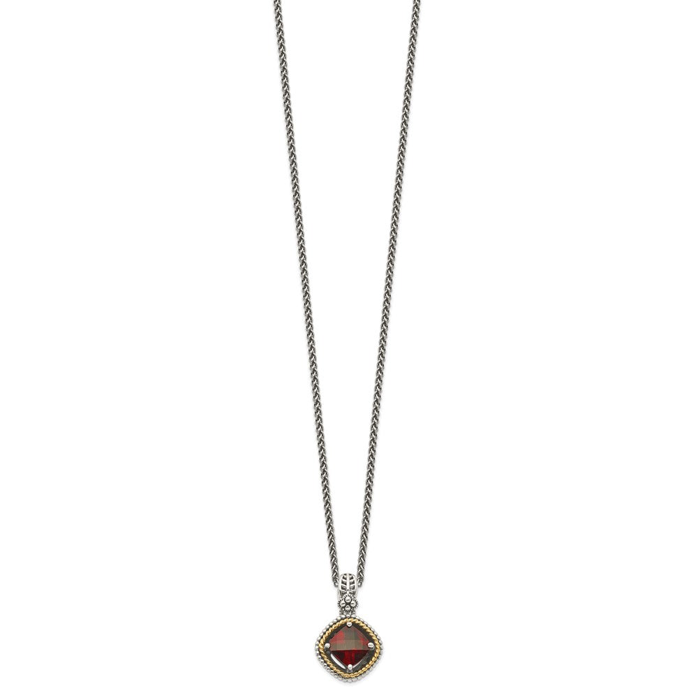 14K/Silver Two Tone Shey Couture Sterling Silver With 14K Accent 18 Inch Antiqued Checkerboard Cushion Garnet Necklace