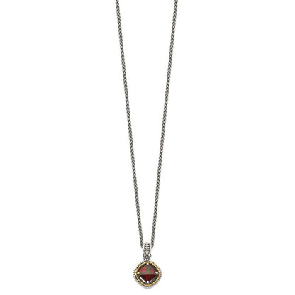 14K/Silver Two Tone Shey Couture Sterling Silver With 14K Accent 18 Inch Antiqued Checkerboard Cushion Garnet Necklace