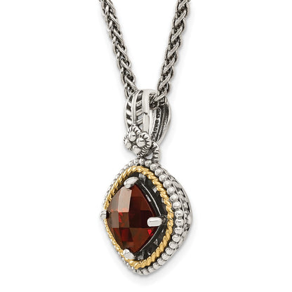 14K/Silver Two Tone Shey Couture Sterling Silver With 14K Accent 18 Inch Antiqued Checkerboard Cushion Garnet Necklace
