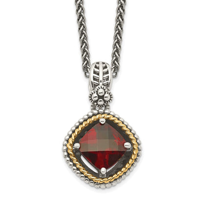 14K/Silver Two Tone Shey Couture Sterling Silver With 14K Accent 18 Inch Antiqued Checkerboard Cushion Garnet Necklace
