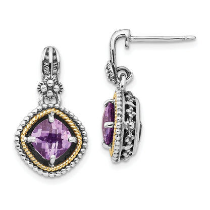 14K/Silver Two Tone Shey Couture Sterling Silver With 14K Accent Antiqued Cushion Amethyst Post Dangle Earrings