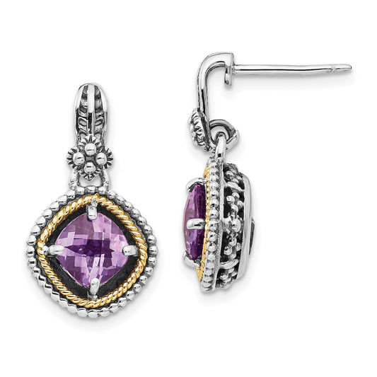 14K/Silver Two Tone Shey Couture Sterling Silver With 14K Accent Antiqued Cushion Amethyst Post Dangle Earrings