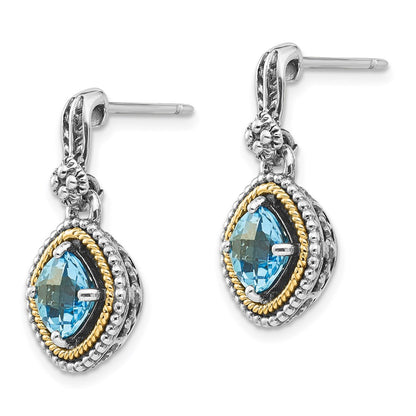 14K/Silver Two Tone Shey Couture Sterling Silver With 14K Accent Antiqued Cushion Swiss Blue Topaz Post Dangle Earrings