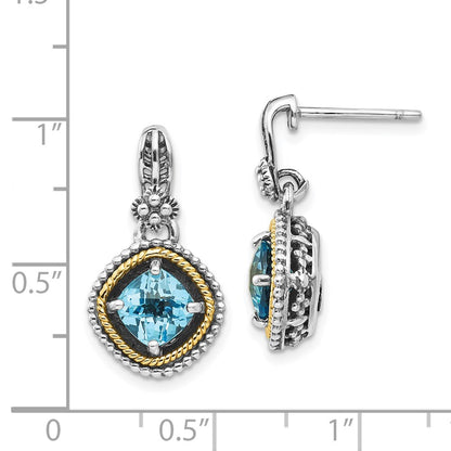 14K/Silver Two Tone Shey Couture Sterling Silver With 14K Accent Antiqued Cushion Swiss Blue Topaz Post Dangle Earrings
