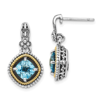 14K/Silver Two Tone Shey Couture Sterling Silver With 14K Accent Antiqued Cushion Swiss Blue Topaz Post Dangle Earrings