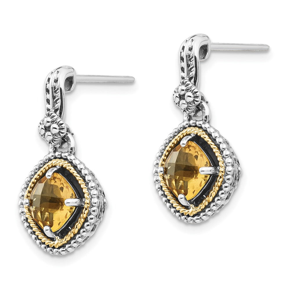 14K/Silver Two Tone Shey Couture Sterling Silver With 14K Accent Antiqued Cushion Citrine Dangle Post Earrings