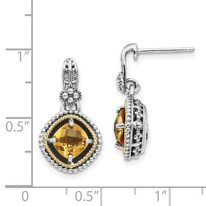 14K/Silver Two Tone Shey Couture Sterling Silver With 14K Accent Antiqued Cushion Citrine Dangle Post Earrings
