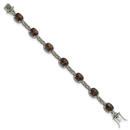 14K/Silver Two Tone Shey Couture Sterling Silver With 14K Accent 7.75 Inch Antiqued Cushion Smoky Quartz Bracelet