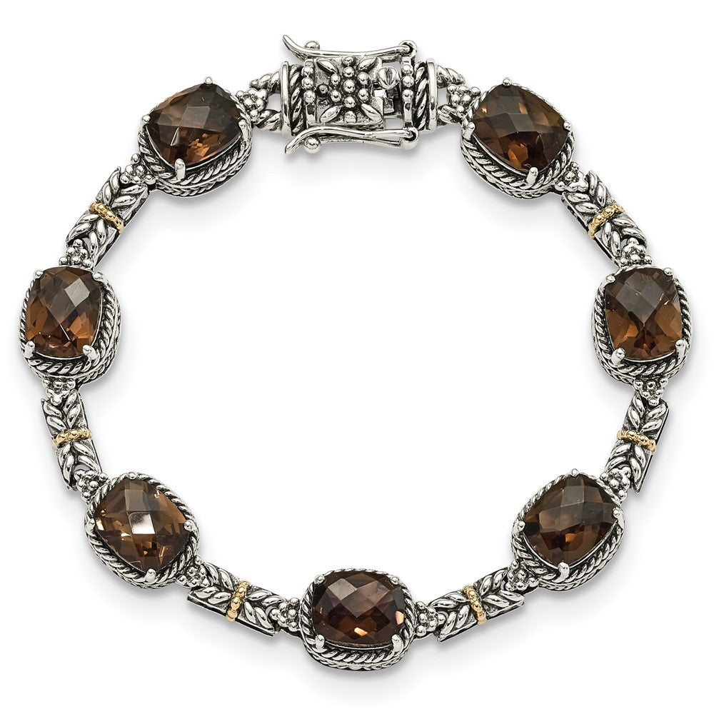14K/Silver Two Tone Shey Couture Sterling Silver With 14K Accent 7.75 Inch Antiqued Cushion Smoky Quartz Bracelet