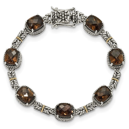 14K/Silver Two Tone Shey Couture Sterling Silver With 14K Accent 7.75 Inch Antiqued Cushion Smoky Quartz Bracelet