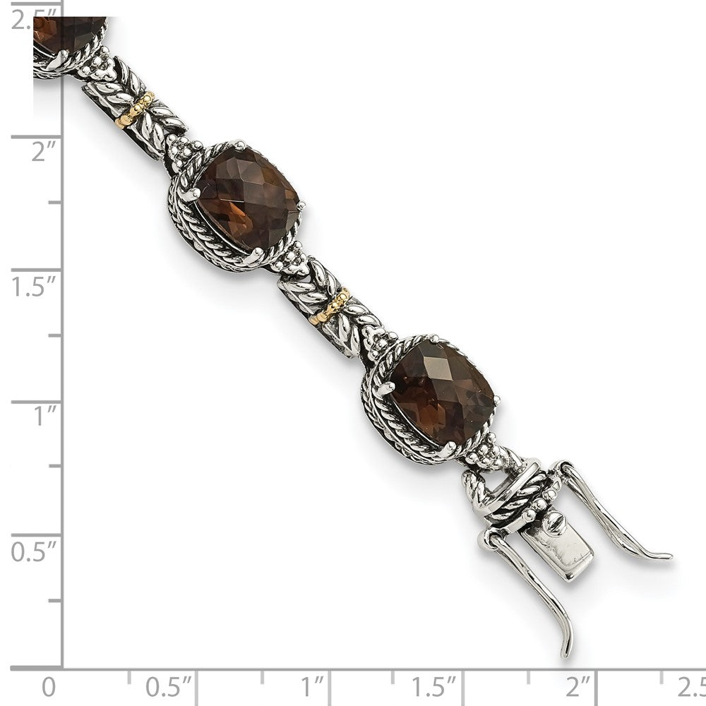 14K/Silver Two Tone Shey Couture Sterling Silver With 14K Accent 7.75 Inch Antiqued Cushion Smoky Quartz Bracelet