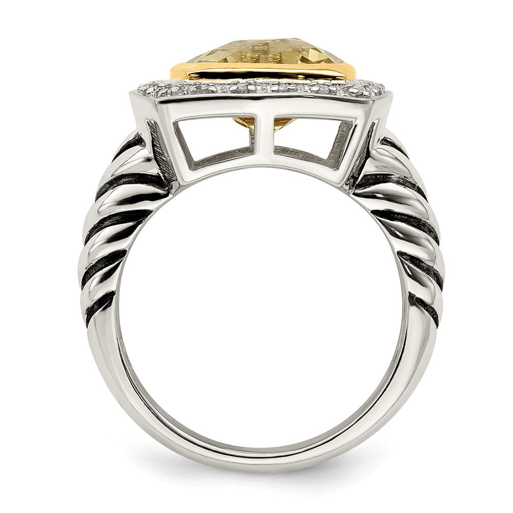 14K/Silver Two Tone Shey Couture Sterling Silver With 14K Accent Antiqued Cushion Bezel Lemon Quartz And Diamond Ring