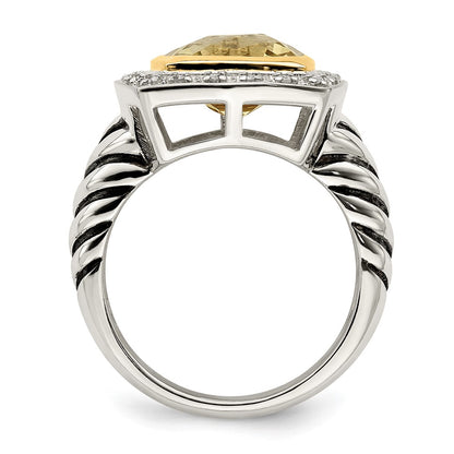 14K/Silver Two Tone Shey Couture Sterling Silver With 14K Accent Antiqued Cushion Bezel Lemon Quartz And Diamond Ring