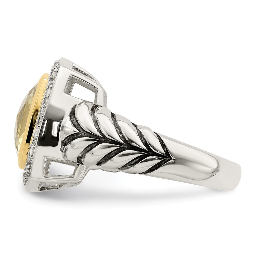 14K/Silver Two Tone Shey Couture Sterling Silver With 14K Accent Antiqued Cushion Bezel Lemon Quartz And Diamond Ring