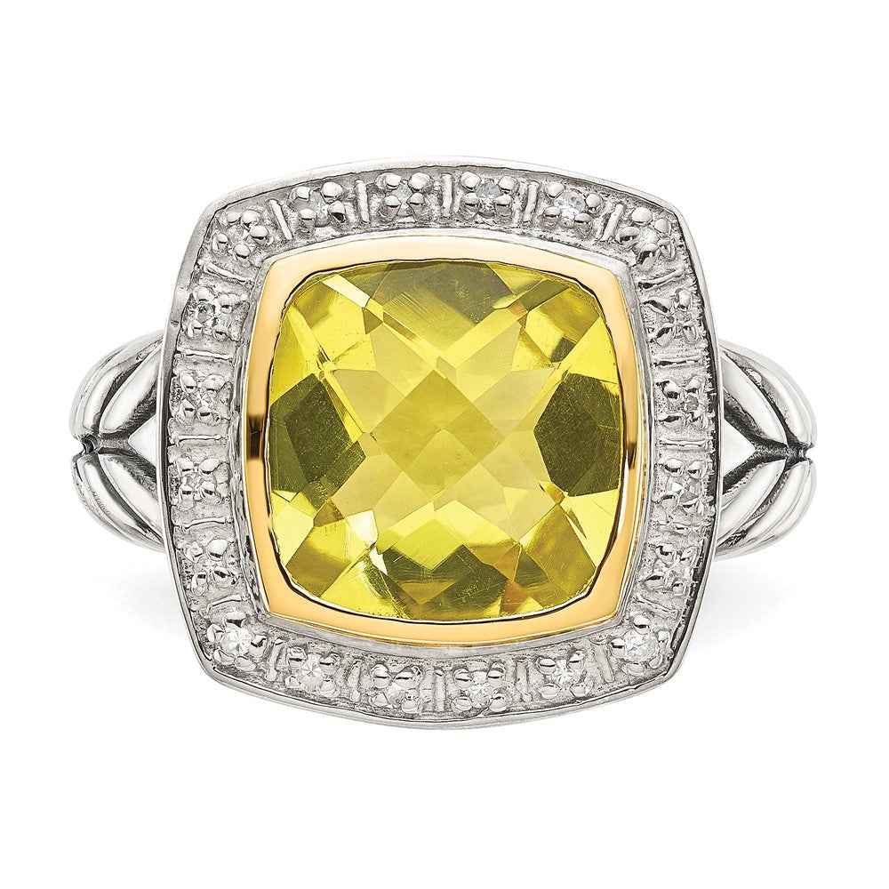 14K/Silver Two Tone Shey Couture Sterling Silver With 14K Accent Antiqued Cushion Bezel Lemon Quartz And Diamond Ring