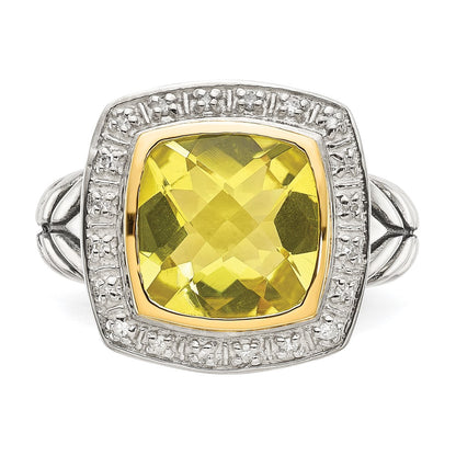 14K/Silver Two Tone Shey Couture Sterling Silver With 14K Accent Antiqued Cushion Bezel Lemon Quartz And Diamond Ring